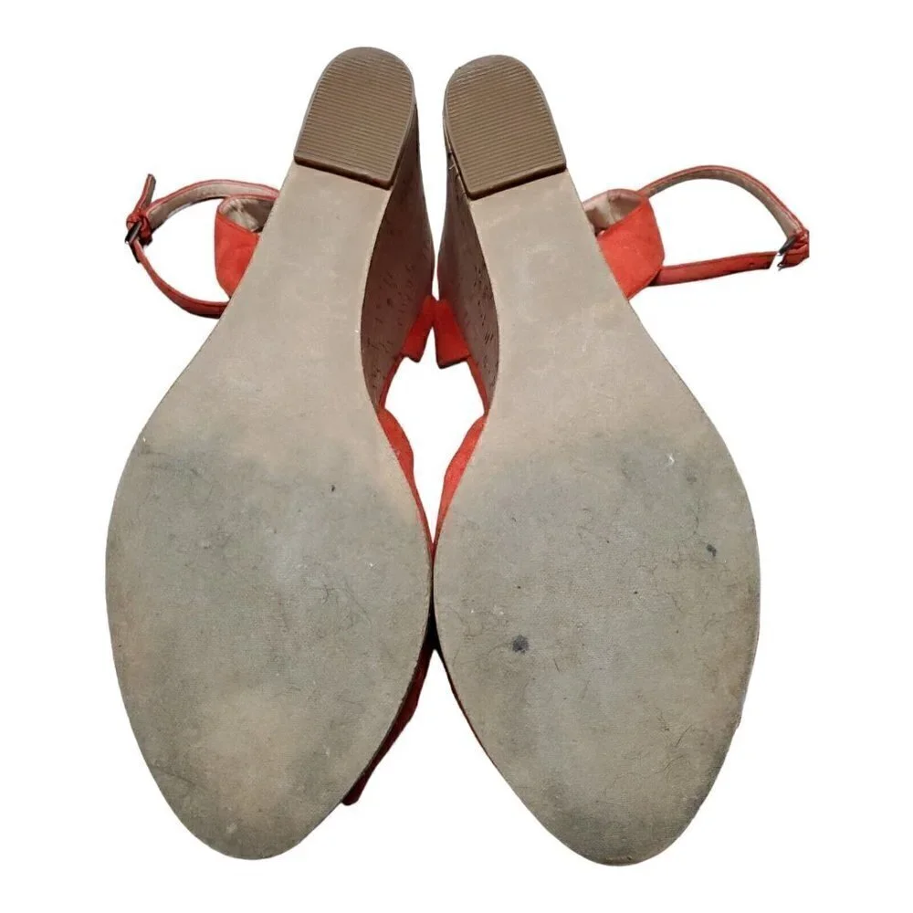 BP Women's Faux Suede Ankle Strap Orange Cork Wedge Heels Open Toe Shoes Sz 10M